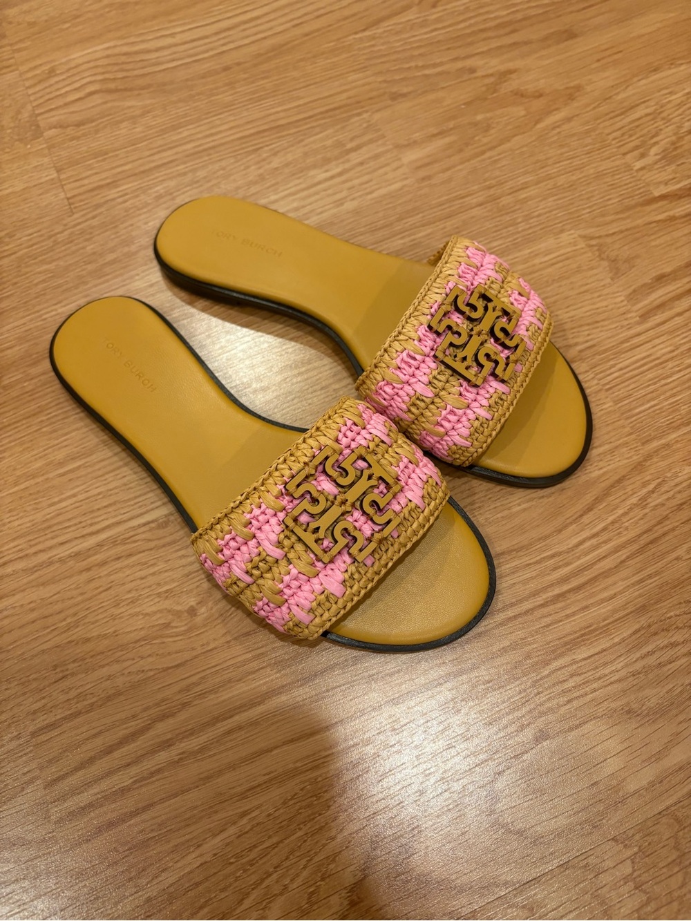 Tory Burch Pink and Mustard Woven Logo Slide Sandals